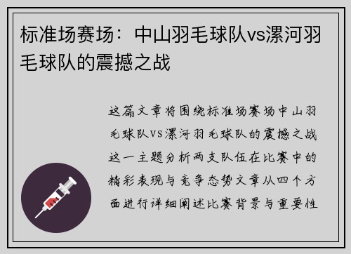 标准场赛场：中山羽毛球队vs漯河羽毛球队的震撼之战